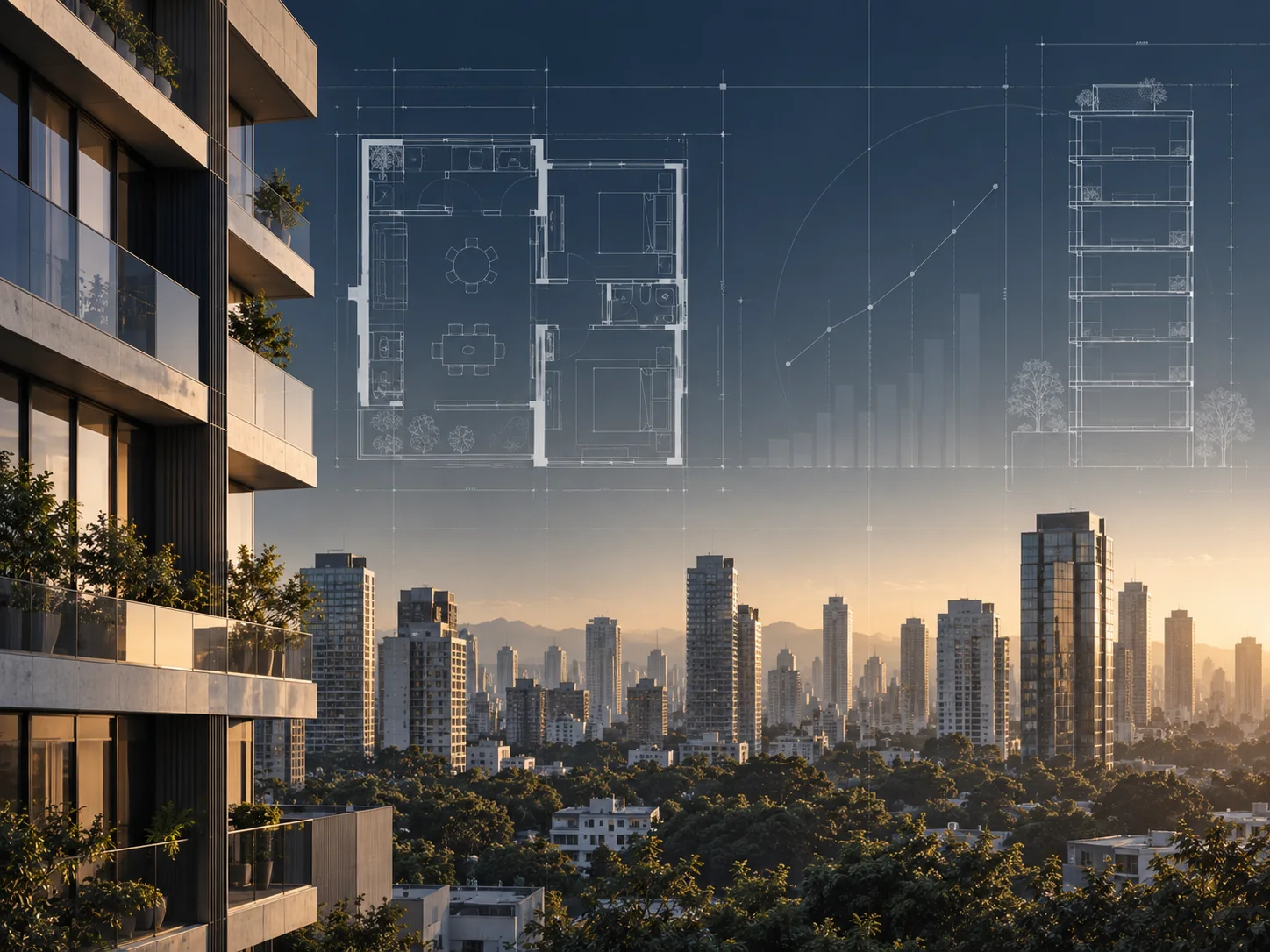 Panorama urbano com representação gráfica de análise imobiliária
