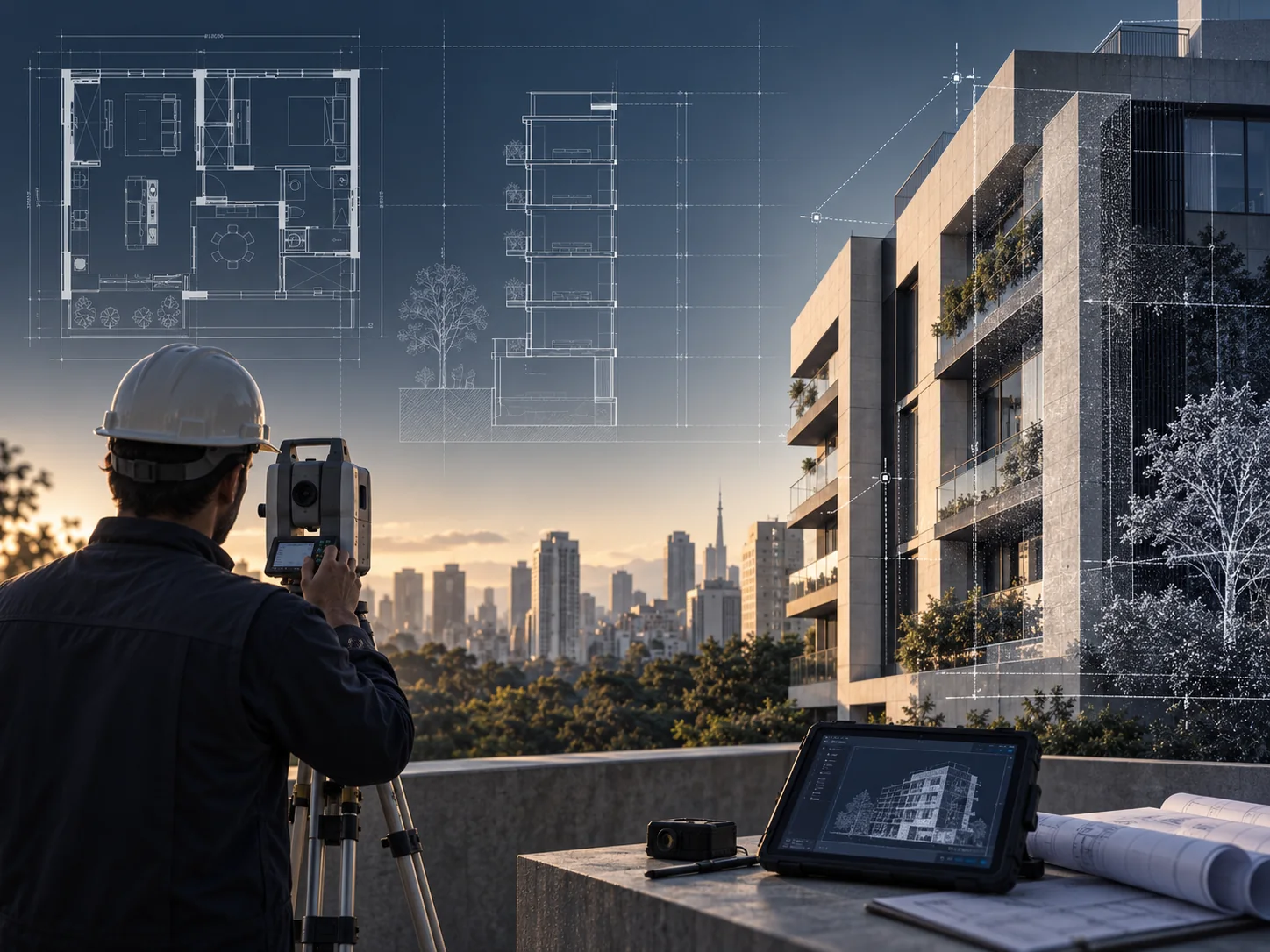 Levantamento técnico de edificação com equipamento de medição e desenho arquitetônico