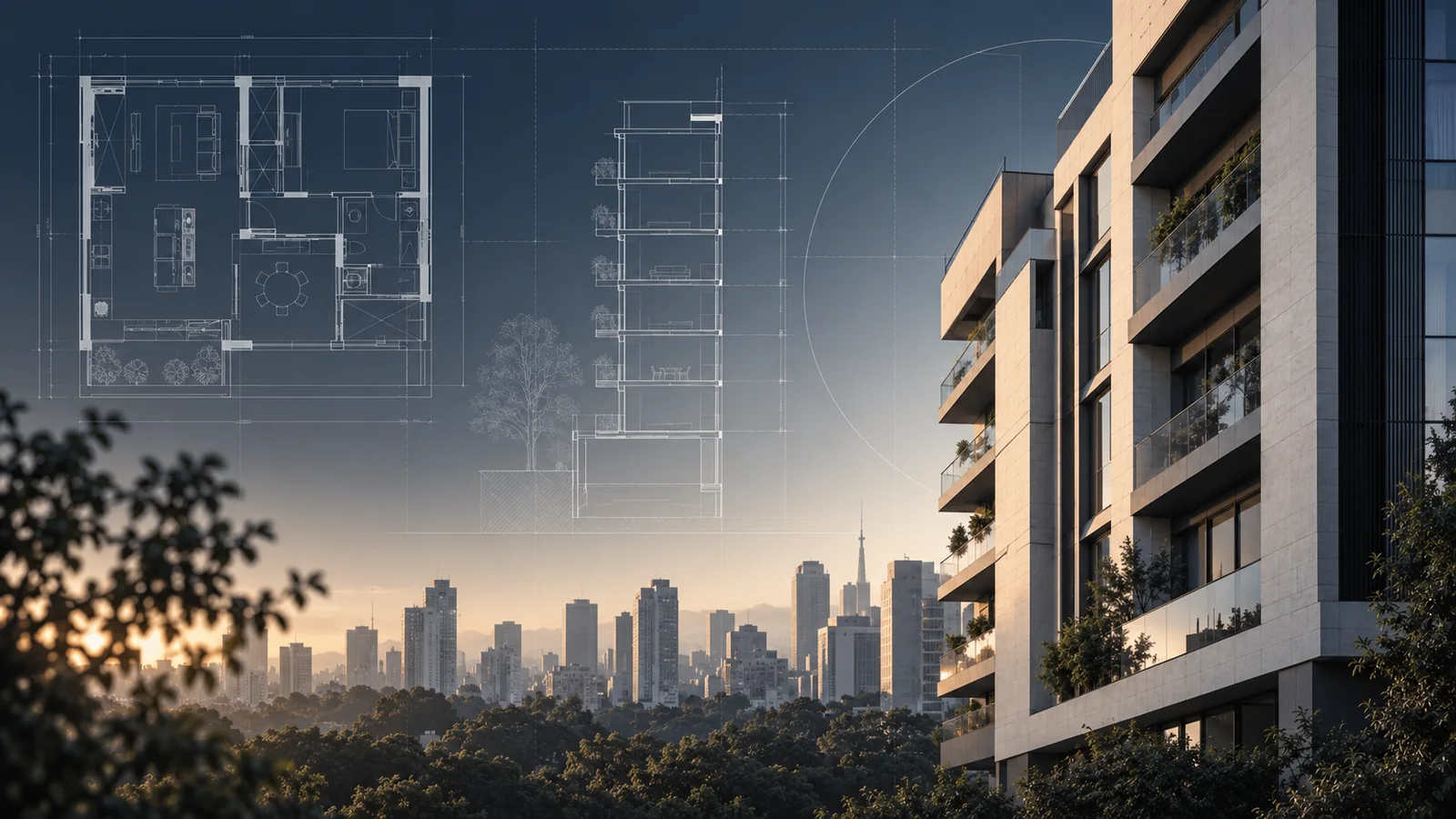 Edificação contemporânea com planta e corte arquitetônico sobrepostos