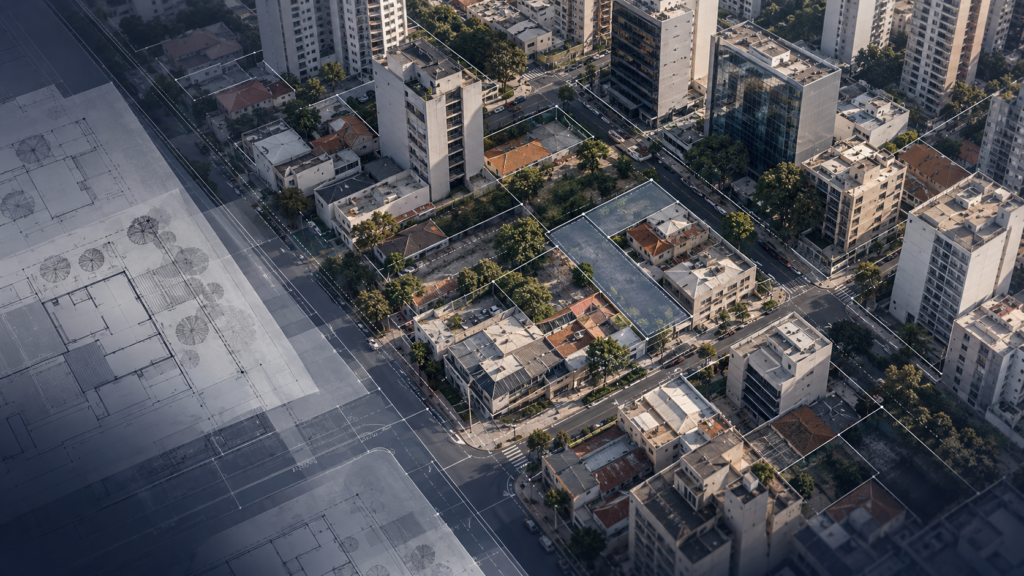 Vista aérea de edificações em São Paulo com sobreposição de planta arquitetônica