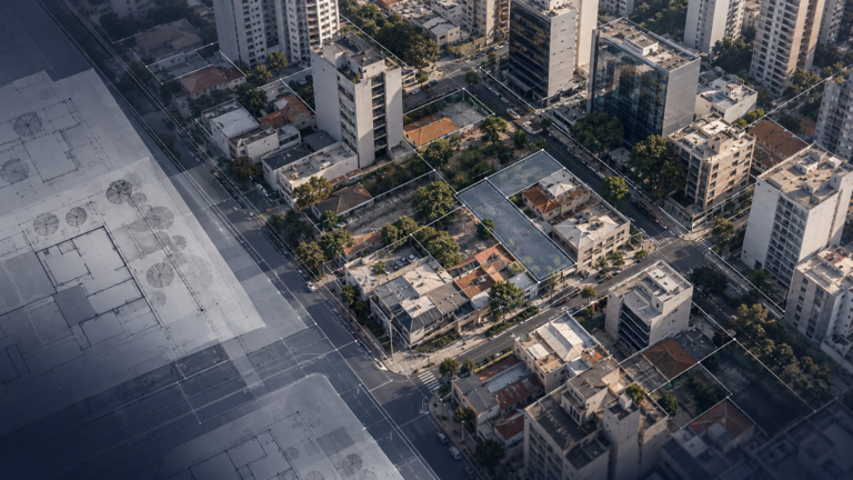 Vista aérea de edificações em São Paulo com sobreposição de planta arquitetônica